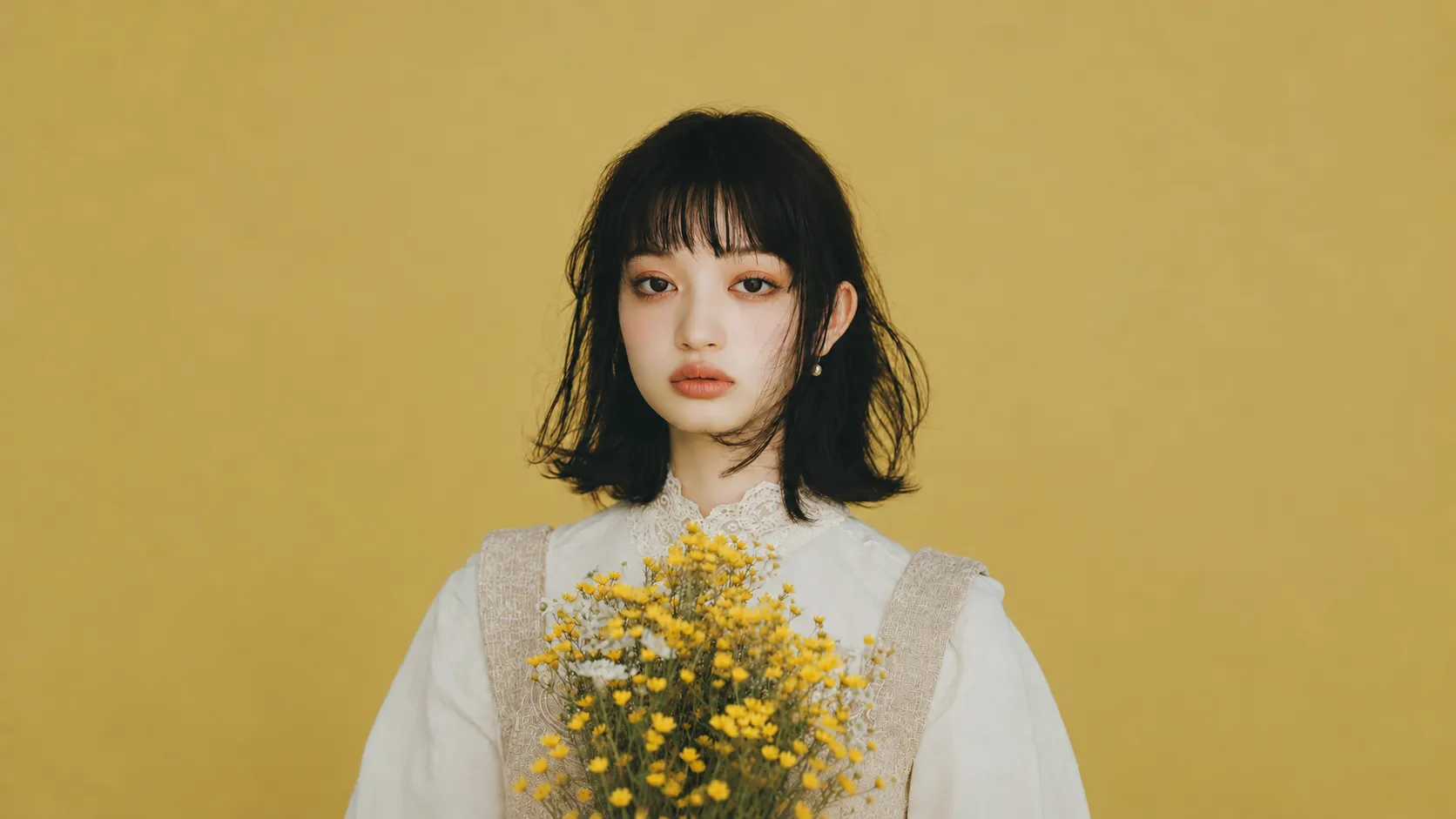 花束を持った、ボブヘアの女性